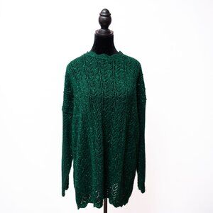 VTG 90s Diana Marco Green Metallic Sparkle Sweater Open Knit Long Sleeve XL Art